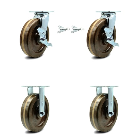 8 Inch High Temp Phenolic Caster Set With 2 Brakes/Swivel Lock 2 Rigid SCC